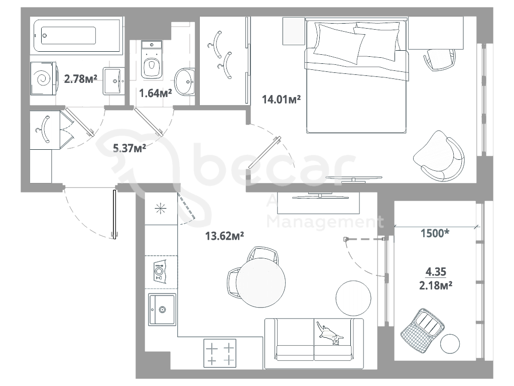 1 площадью 39.6 кв. м., м. Проспект Ветеранов – цена 6138000 — Becar Asset  Management