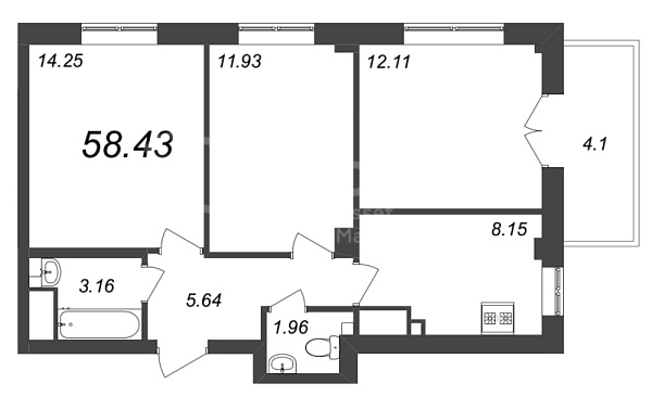 3-к квартира в новостройке, 58 кв.м., Петроградский район, Ремесленная ул.