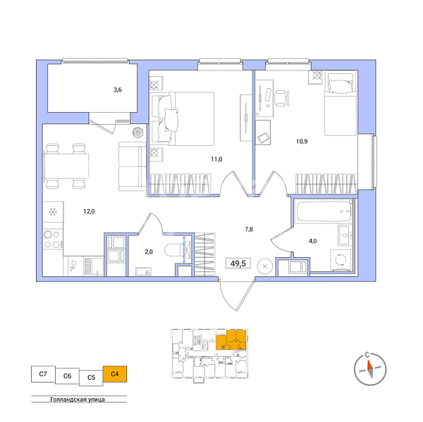 2-к квартира в новостройке, 49 кв.м., Голландская ул.